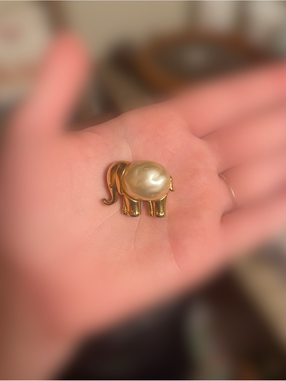Gold Elephant Brooch with Pearl Accent